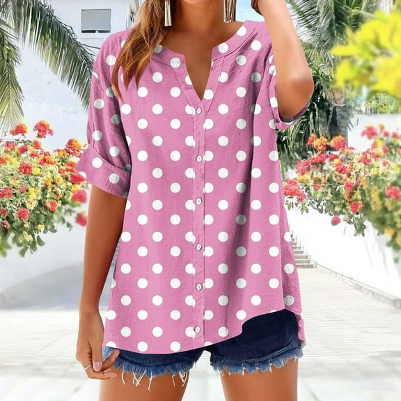 Royisotas Pink Plus Size Tops for Women Summer Casual Short Sleeve Shirts Button V-Neck Polka Dot Tshirt Women