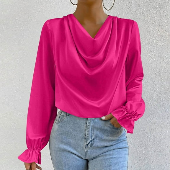 Royisotas Pink Womens Tops Plus Size Fall and Winter Solid Color Casual Long Sleeve Women Blouses Plus Size Collared Satin Ruffled Tshirt