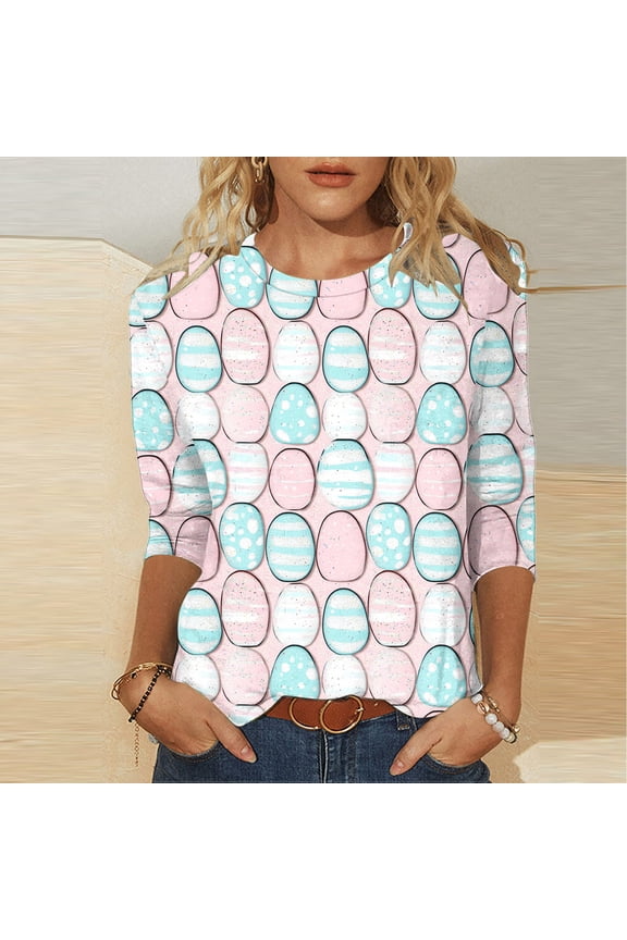 Plus Size Happy Easter Shirt for Women Funny Bunny Rabbit T Shirt Easter Holiday Tops 3/4 Sleeve Tees