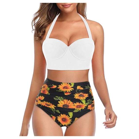 Royisotas Womens Two Piece Swimsuits Summer Swimwear Plus Size Tummy Control Floral Print Push Up Bathing Suits for Women Bikini