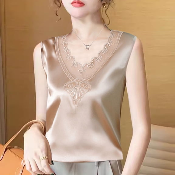 Royisotas Plus Size Tank Tops for Women Casual Lace Silk Cami Comfy Lace Silk Ladies Shirts