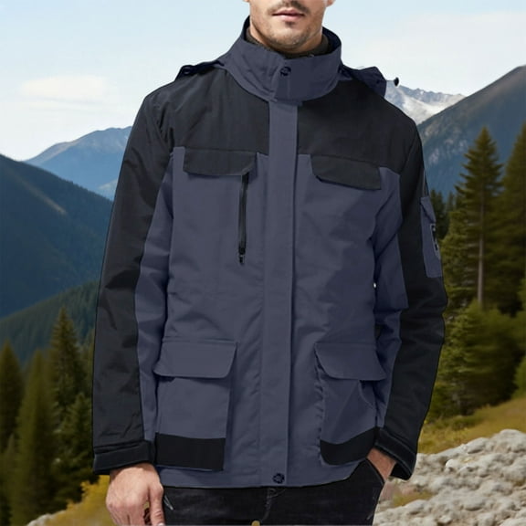 Royisotas Pockets Jackets for Men Hooded Winbreaker Coats Winter Waterproof Big and Tall Mens Rain Jackets Hiking