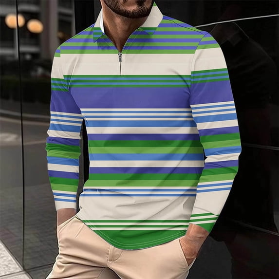 Royisotas Polo Shirts for Men Fashion Shirt Long Sleeve Striped Mens Tops Pullover
