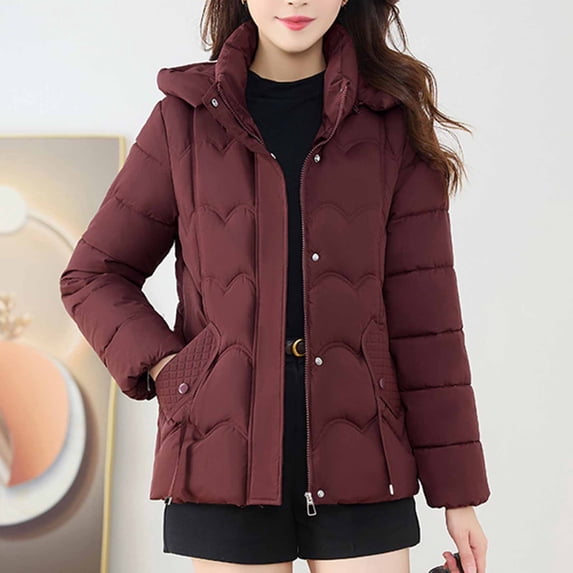 Royisotas Puffer Jackets for Women,Coats for Women,Detachable Plus Size Long Sleeve with Hood Outerwear Zip up Pockets Outdoor Oversized,Red,Cotton,3xl