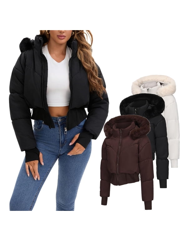 Puffer Jackets for Women,Juniors Coats,Zipper Cropped Outerwear Hooded Long Sleeve Outdoor,Brown,Nylon,L
