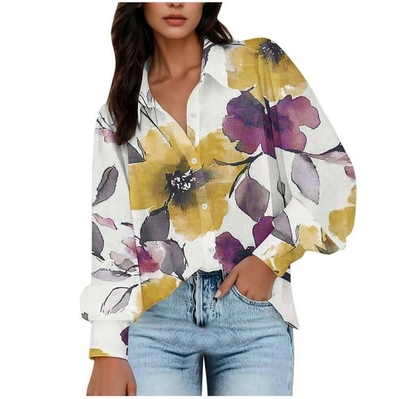 Royisotas Puffy Sleeve Womens Tops Fall and Winter Soft Long Sleeve Casual Womens Button Down Shirt Floral Collared Purple Button up Shirts