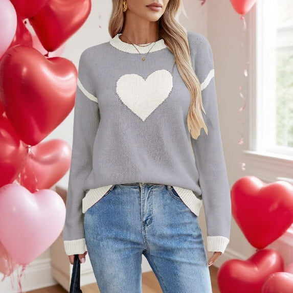 Royisotas Pullover Sweaters for Women Knitted Sweaters Valentine's Day Dressy Heart Print Lightweight Crewneck Womens Tops