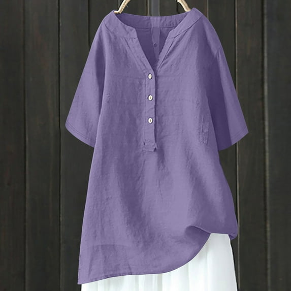 Royisotas Purple Tops for Women 2025 Casual 3/4 Sleeve Cotton Linen Button Tunic Solid Color V-Neck Shirts for Women