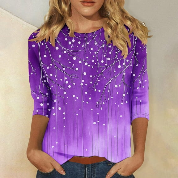 Royisotas Purple Women's Plus Size Tops Summer Casual Print Three Quarter Sleeve Shirts Loose Crew Neck Women's T-Shirts