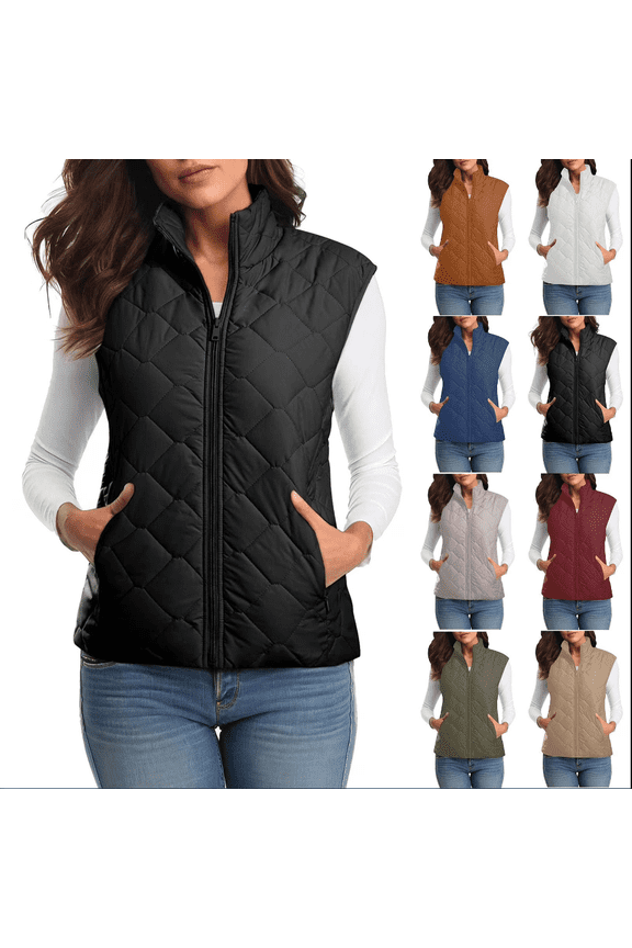 Quilted Vests for Women Stand Collar Waistcoat Lightweight Zipper Wram Black Sleeveless Ladies Jackets