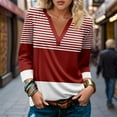thumbnail image 1 of Royisotas Red Women Plus Size Tops 3/4 Sleeve Fall Striped Color Block Casual Women Blouses and Shirts Loose Fit V-Neck T-Shirts, 1 of 5