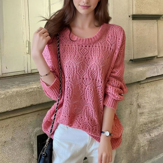 Royisotas Red Womens Tops Fall and Winter Casual Solid Color Long Sleeve Blouses for Women Elastic Cuff Crew Neck Loose Fit T-Shirts