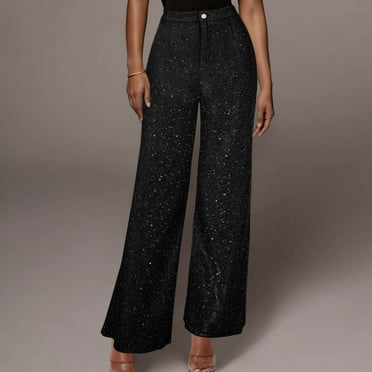 Royisotas Sequin Women's Pants Summer Casual Wide Leg High Waist Flat Front Pants