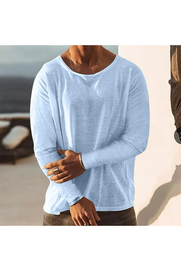 Shirts for Men Long Sleeve Workout Tops Blue Warm Big and Tall Crewneck Solid Loose Fit Mens T Shirts Pullover
