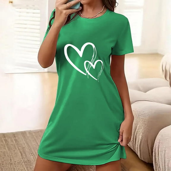 Royisotas Short Sleeve Nightgowns for Women Plus Size Sleepshirts Print Crewneck Green Ladies Nightshirts