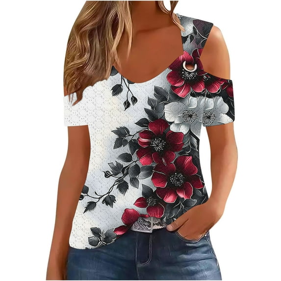Royisotas Short Sleeve Plus Size Tops for Women Summer Wine Casual Shirts Cut-Out V-Neck Off Shoulder Floral Gaphic Tshirt for Women
