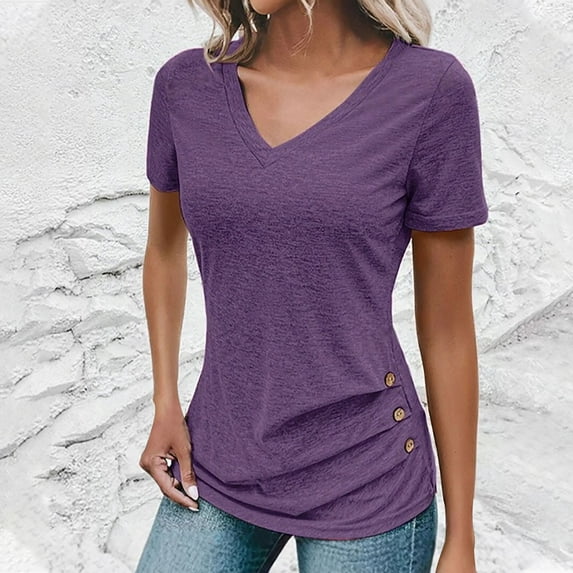 Royisotas Short Sleeve Tops for Women Summer Shirts Solid Color Button Purple Fashion Womens Blouses Tunic