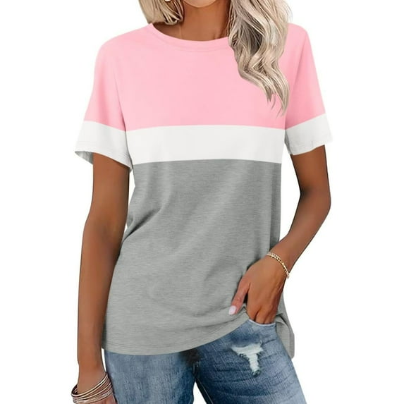 Royisotas Short Sleeve Womens Plus Size Tops Summer Casual Pink Shirts for Women Striped Crew Neck Plus Size Tshirts