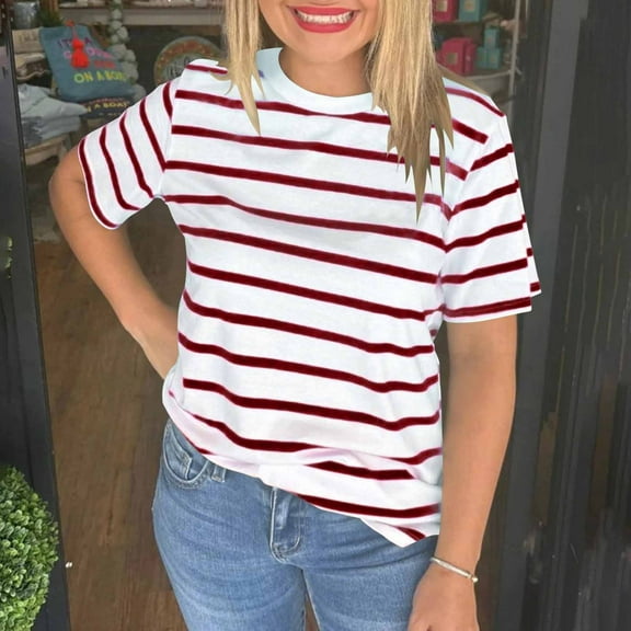 Royisotas Short Sleeve Womens Tops Casual Hot Pink Summer Shirts for Women Plus Size Crew Neck Striped Tshirts