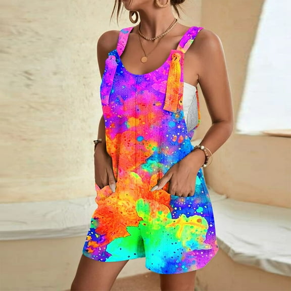 Royisotas Shorts Women Suspender Summer Casual Loose Jumpsuit Shorts Pocket Tie Dye Shorts for Women Plus Size