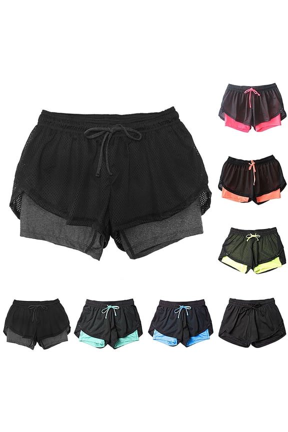 Athletic Womens Plus Size Shorts Mesh Summer Yoga Fitness Workout Shorts Double Layer Drawstring Loose Solid Color Shorts