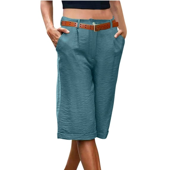 Royisotas Shorts for Women Casual Summer Loose Bermuda Shorts Button Wide Leg Elastic Waist Mid Waist Pocket Solid Color Shorts