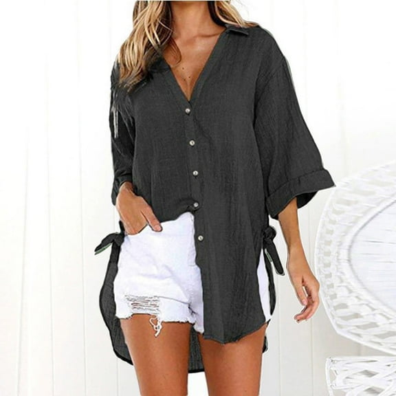 Royisotas Side Slit Women's Plus Size Tops Fall Oversized Long Sleeve Casual Plus Size Button Down Shirts for Women Collared Black Button up Shirts