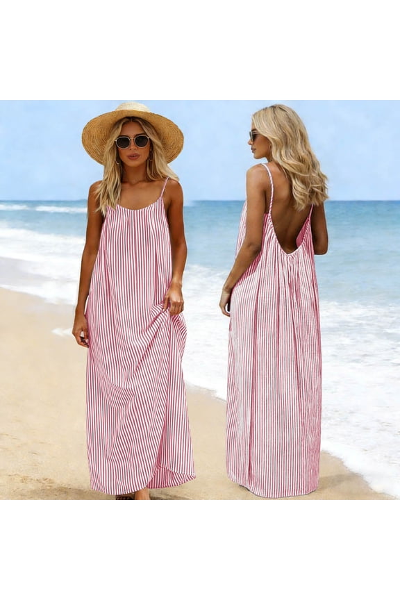 Sleeveless Dress for Women Linen-like Striped Spaghetti strap Summer Backless Casual Juniors Beach Maxi Dress