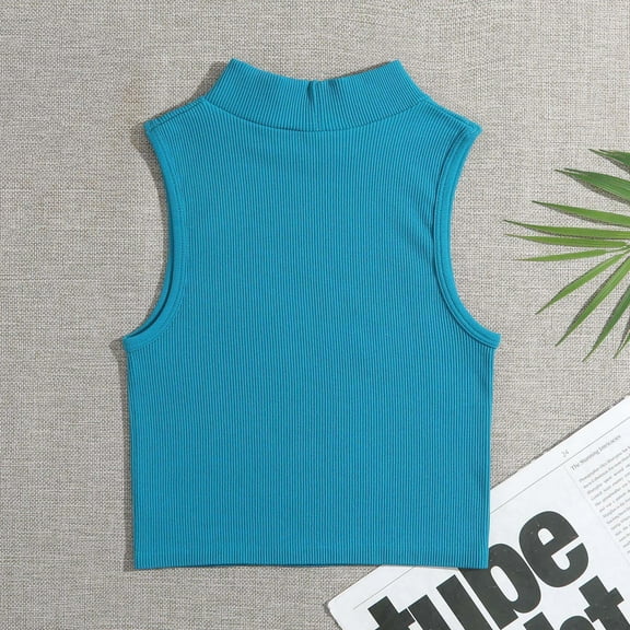 Royisotas Sleeveless Ladies Tank Tops Athletic Summer Blue Womens Camisole Turtleneck Crop Ribbed Shaping Sports Yoga Womens Cami Tops