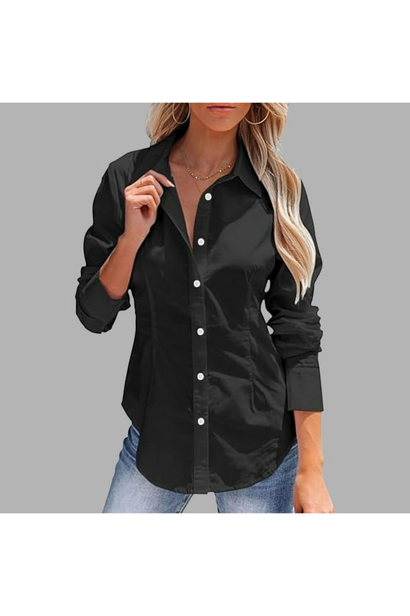 Slim Tops for Women Cotton Linen Casual Long Sleeve Fall and Winter Button Down Shirts for Women Collared Black Formal Button up Shirts