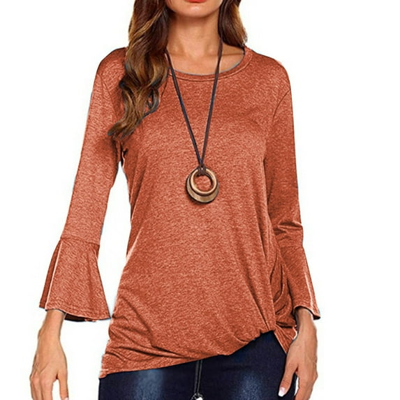 Royisotas Solid Color Tops for Women Plus Size Long Sleeve Red Casual Fall and Winter Womens Plus Size Blouses Tunic Flare Sleeve Crew Neck T-Shirts