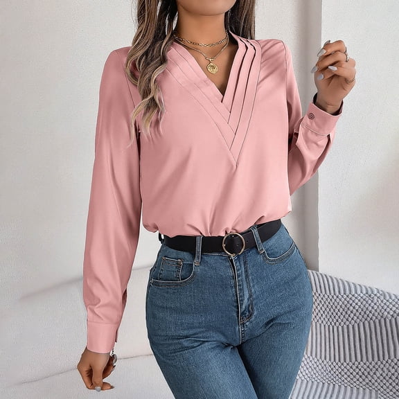 Royisotas Solid Color Women Plus Size Tops Casual Pink Long Sleeve Fall and Winter Plus Size Women Blouses Loose Fit Fashion V-Neck T-Shirts