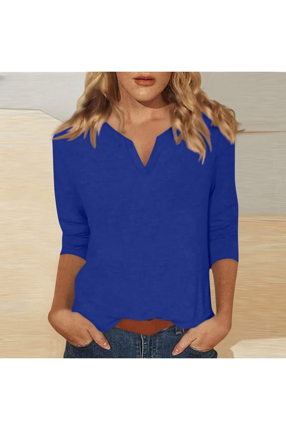 Solid Color Women Plus Size Tops Summer 3/4 Sleeve Dark Blue Casual Women's T-Shirts V-Neck Loose Fashion Shirts