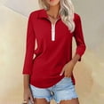 thumbnail image 1 of Royisotas Solid Color Women Tops Fall Casual 3/4 Sleeve Red Womens Blouses Lapel Loose Fit Half Zipper T Shirts, 1 of 7