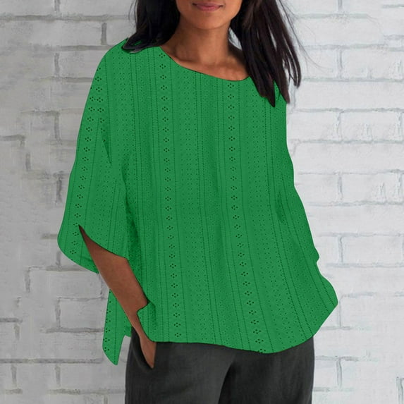 Royisotas Solid Color Womens Summer Tops Plus Size Green Casual 3/4 Sleeve Crew Neck Womens Shirts Plus Size