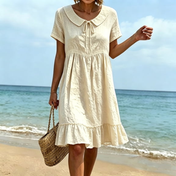 Royisotas Solid Dresses for Women Spring Short Sleeve Summer Casual Womens Doll Collar Linen Dress