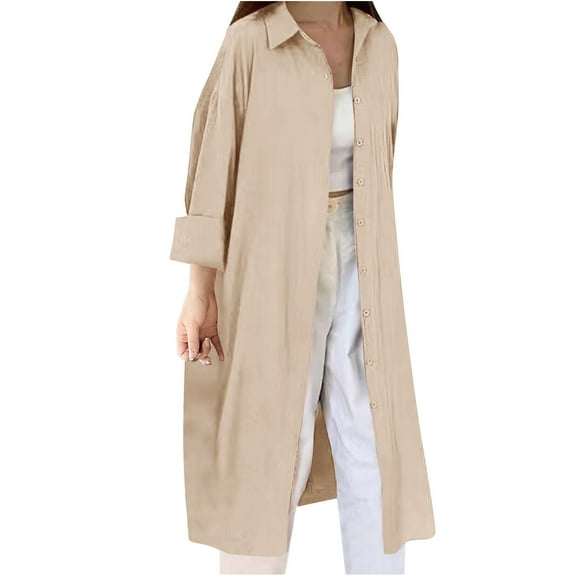 Royisotas Fall and Winter Tops Women Cotton Linen Long Sleeve Casual Womens Button Down Blouses Plus Size Solid Khaki Lapel Collared Button up Shirts