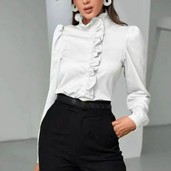 Royisotas Ruffle Women's Plus Size Tops Long Sleeve Fall Casual Standing Collar Womens Button Down Blouse Dressy Solid White Button up Shirts