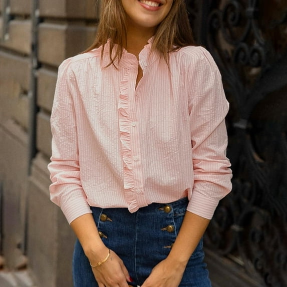 Royisotas Casual Women's Tops Long Sleeve Standing Collar Striped Fall and Winter Womens Button Down Blouses and Tops Pink Ruffle Button up Shirts