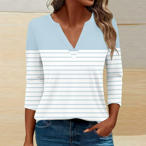 Royisotas Striped Color Block Womens Plus Size Tops 3/4 Sleeve Light Blue Fall Casual Women's Blouse V-Neck Loose Fit Tshirt