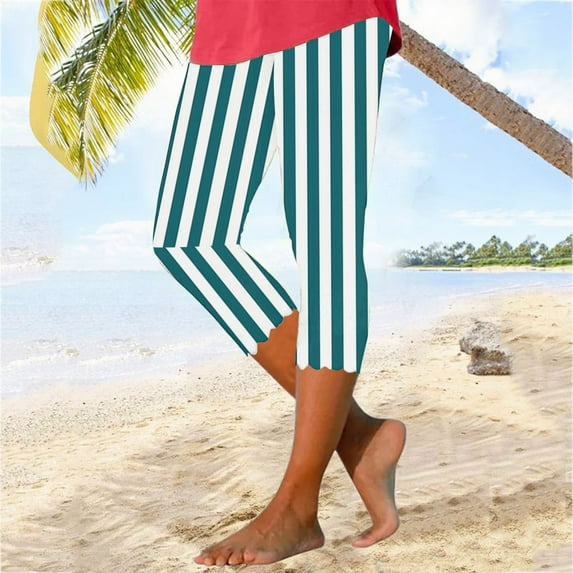 Royisotas Striped Pants for Women Plus Size Casual Summer High Waist Yoga Gym Capris Pants Leggings Elastic Slim-Leg Womens Capris