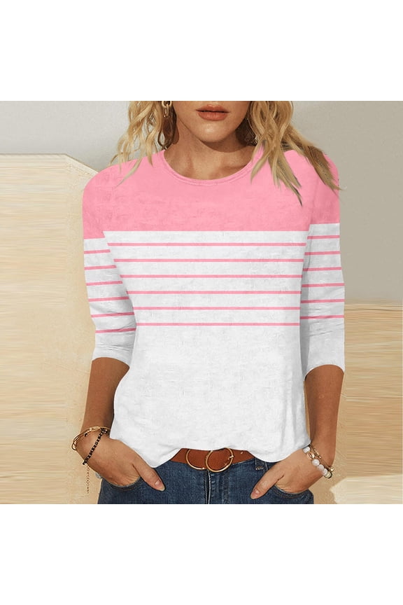 Striped Plus Size Tops for Women Pink 3/4 Sleeve Summer Casual Womens T Shirts Crew Neck Loose Shirts Plus Size