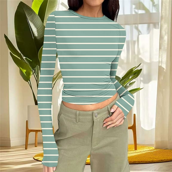 Royisotas Striped Womens Plus Size Tops Winter Long Sleeve Casual Green Shirts Cropped Crew Neck Slim T-Shirts for Women