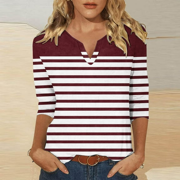 Royisotas Striped Womens Tops Plus Size Fall Wine Casual Three Quarter Sleeve Blouses for Women Comfy Loose Fit V-Neck T-Shirt