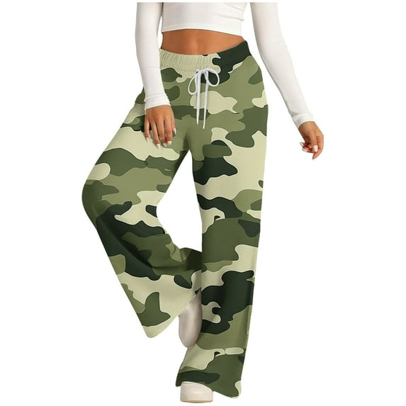 Royisotas Summer Pants Women Casual High Waist Camo Wide Leg Palazzo Drawstring with Pockets Elastic Waist Pants