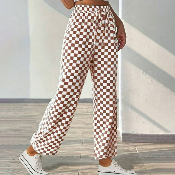 Royisotas Summer Pants for Women Checkered Casual Straight Wide Leg High Waist Palazzo Elastic Waist Drawstring Pants