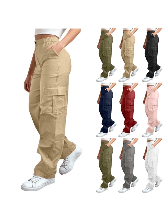 Summer Pants for Women Plus Size Casual Straight Wide Leg High Waist Khakis with Pockets Elastic Waist Pants