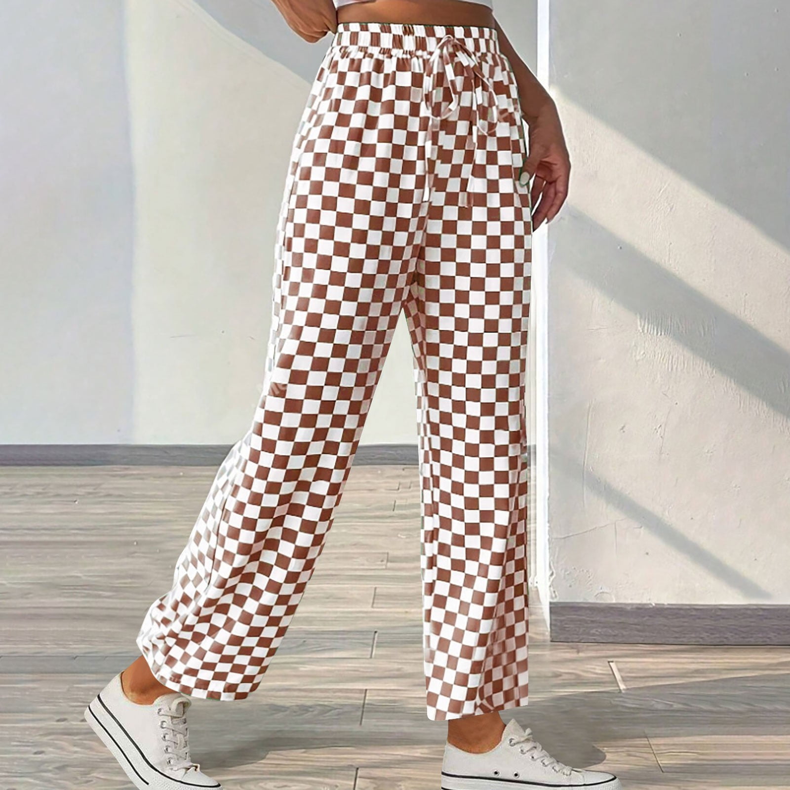 Royisotas Checkered Pants Women Straight Wide Leg Casual Summer