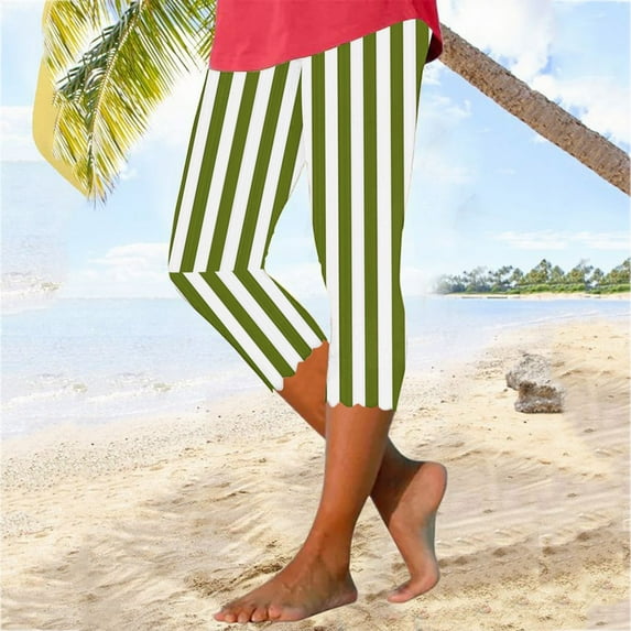 Royisotas Summer Plus Size Womens Pants Yoga Gym Casual High Waist Striped Capris Pants Slim-Leg Leggings Elastic Capris Pants for Women