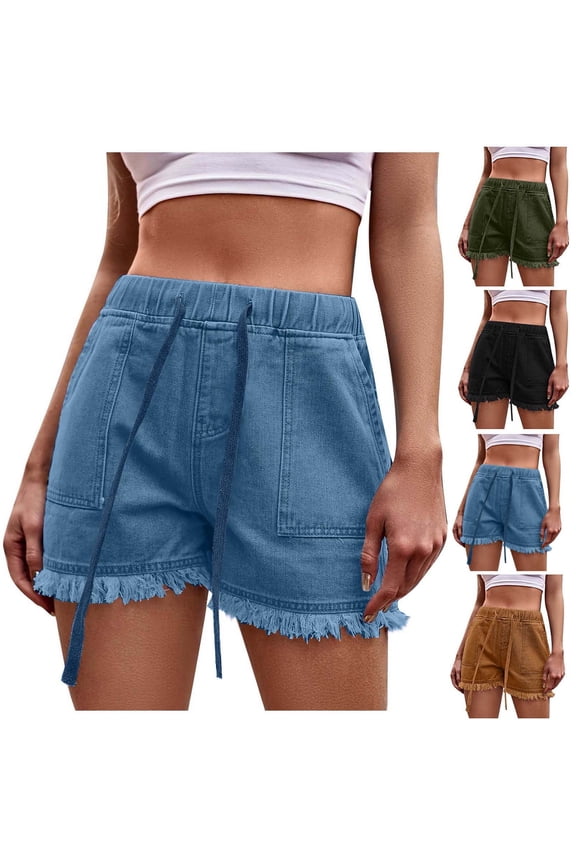 Summer Shorts Women Casual Drawstring Elastic Waist Jean Shorts Denim Solid Color Tassel Women's Plus Size Shorts